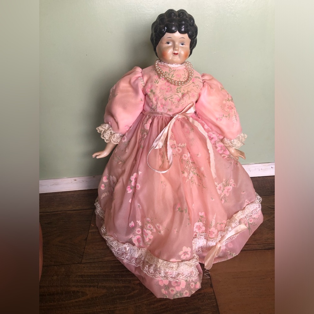 Vintage China Head Doll Number 5 With Cloth Body, 15” Tall, Black Hair Blue Eyes